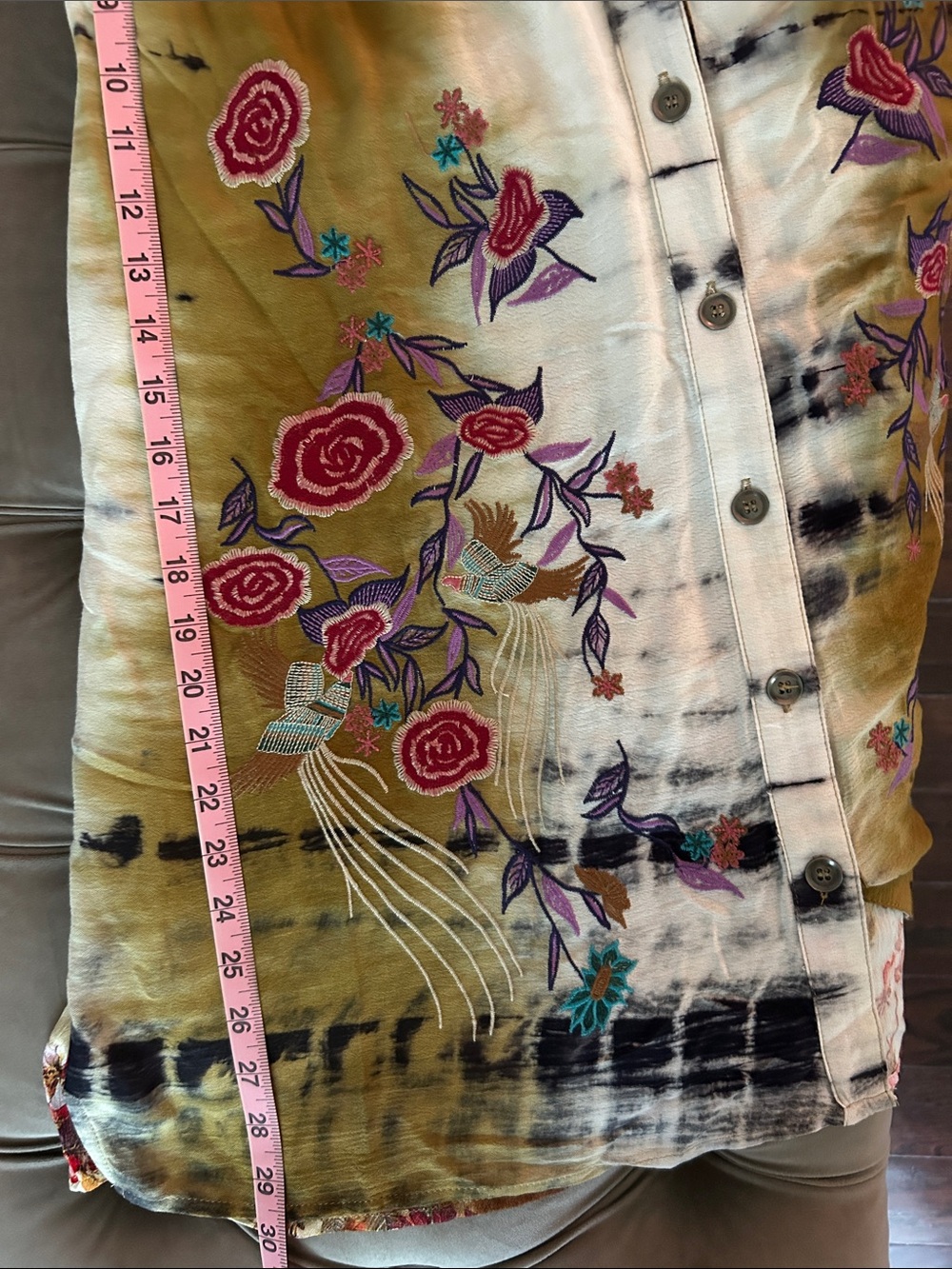 Embroidered Tie-Dye Button-Front Tunic in Olive and White - Picture 5 of 5